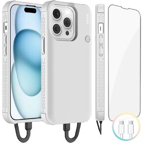 GIN FOXI Fast Charging Battery Case for iPhone 15 Pro Max/15 Plus, 8000mAh 15W Ultra Slim Charger Case Rechargeable Portable Extended Power Bank Case Cover Battery Pack Built-in Cable, Pink (6.7")