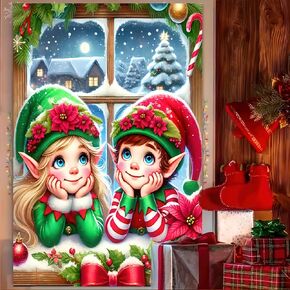 Christmas Backdrop Santa Claus Photo Background 31x47 Winter Window Decorations Banner Wall Hanging Banner Photo Booth Prop Xmas Christmas Tree Gifts Photography Background New Year Party