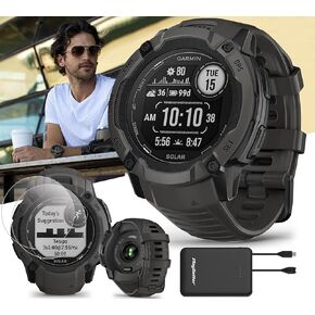 Garmin Instinct 2X Solar Tactical Outdoor GPS Smartwatch - Flashlight, Solar Charging, Fitness & Sleep Tracking - Bundle with PlayBetter Screen Protectors & Portable Charger, Black