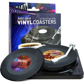 Funny Retro Record Coasters for Drinks with Vinyl Player Holder for Music Lovers,Set of 6 Conversation Piece Sayings Drink Coaster,Housewarming Hostess Wedding Registry Gift Ideas