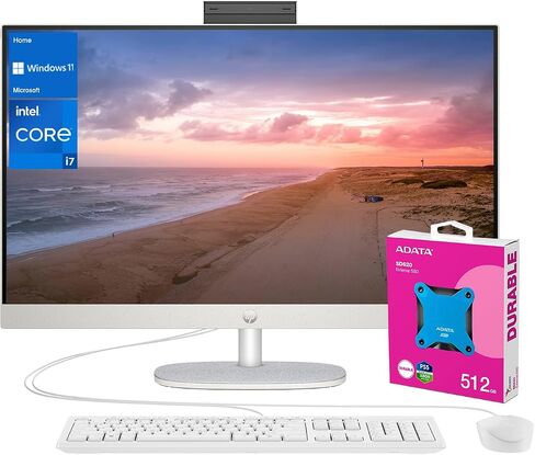 HP 27 Newest i7 All in One Desktop, 27" FHD, Intel i7-1355U, 64GB RAM, 2TB SSD, Wired Keyboard & Mouse, IR Camera, HDMI, RJ45, Wi-Fi 6, Windows 11 Home, White with A-Data 512 External SSD Bundle in Saudi Arabia