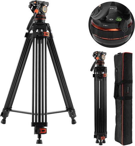 K&F Concept 75"/191cm Video Tripod, Heavy Duty Camera Tripod Stand with Fluid Head Damping Adjustable, Load up to 22lb/10kg, QR Plate Compatible with Canon Nikon Sony and Other DSLR Camcorder in Saudi Arabia