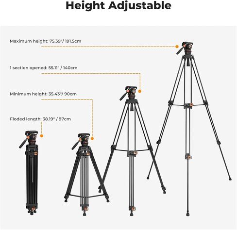 K&F Concept 75"/191cm Video Tripod, Heavy Duty Camera Tripod Stand with Fluid Head Damping Adjustable, Load up to 22lb/10kg, QR Plate Compatible with Canon Nikon Sony and Other DSLR Camcorder in Saudi Arabia