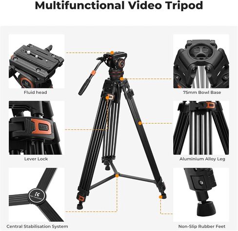 K&F Concept 75"/191cm Video Tripod, Heavy Duty Camera Tripod Stand with Fluid Head Damping Adjustable, Load up to 22lb/10kg, QR Plate Compatible with Canon Nikon Sony and Other DSLR Camcorder in Saudi Arabia