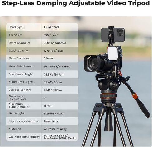 K&F Concept 75"/191cm Video Tripod, Heavy Duty Camera Tripod Stand with Fluid Head Damping Adjustable, Load up to 22lb/10kg, QR Plate Compatible with Canon Nikon Sony and Other DSLR Camcorder in Saudi Arabia