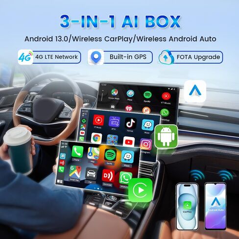 CarlinKit Ai Box CarPlay Wireless Adapter Multimedia Box for Wired CarPlay Car. Plug and Play Wired to Wireless CarPlay Android Auto, QCM6125 8-core 4G+64G WiFi 2.4G+5G Bluetooth 4.2 BLE+5.0 BLE in Saudi Arabia
