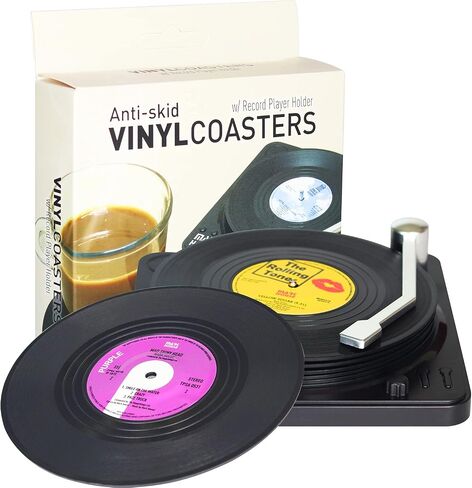Funny Retro Record Coasters for Drinks with Vinyl Player Holder for Music Lovers,Set of 6 Conversation Piece Sayings Drink Coaster,Housewarming Hostess Wedding Registry Gift Ideas in Kuwait