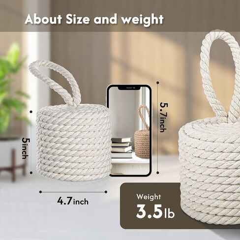 Rustic Jute Rope Door Stopper - Heavy-Duty 3.5lb Cylindrical Doorstop with Handle - Nautical Decor Weighted Floor Door Stop for Interior, Exterior, Barn Doors - Natural Fiber in Saudi Arabia