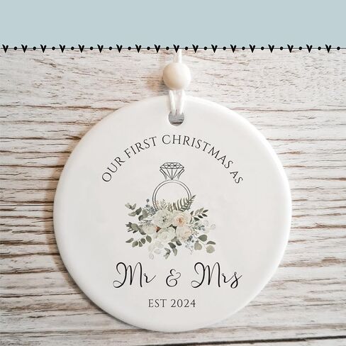 Newly Wedding Gift for Couple Unique, Our First Christmas Married Ornament 2024, 1st Xmas as Mr and Mrs Ornaments, Newlywed Marriage Gift, Bridal Shower Gift for Bride to be, Ceramic, 2.83" in Kuwait