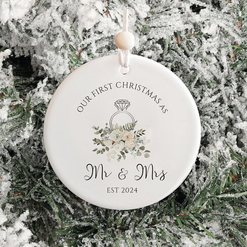 Newly Wedding Gift for Couple Unique, Our First Christmas Married Ornament 2024, 1st Xmas as Mr and Mrs Ornaments, Newlywed Marriage Gift, Bridal Shower Gift for Bride to be, Ceramic, 2.83" in Kuwait