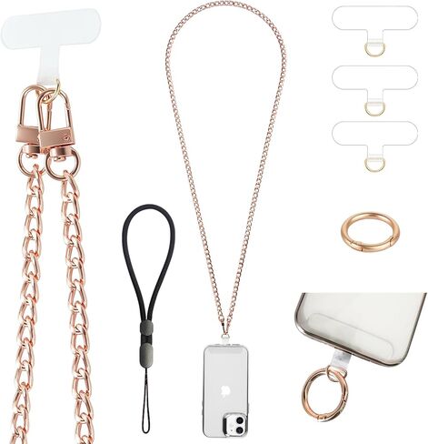 Crossbody Phone Lanyard Chain Shoulder Cell Phone Strap Charm Neck Chain with Wrist Strap 3 Pad Patches Tether Anti Theft Universal for iPhone 15 Pro Max 14 13 11 Samsung S24 Adjustable Black in Kuwait