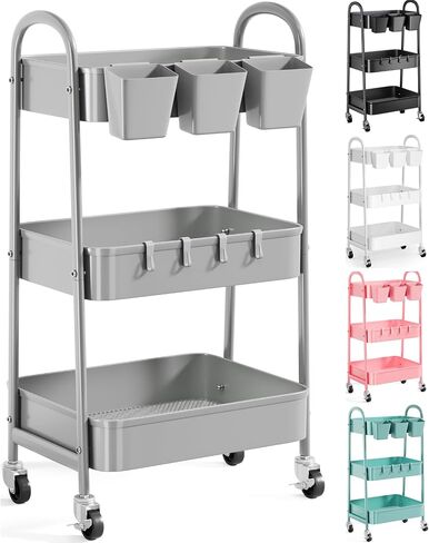 Pink 3 Tier Rolling Cart, Metal Bathroom Utility Cart on Wheels, Craft Storage Cart with Lockable Wheels and Handle, Rolling Carts with 3 Hanging Cups & 4 Hooks for Art, Snack, Book, Diaper in Saudi Arabia