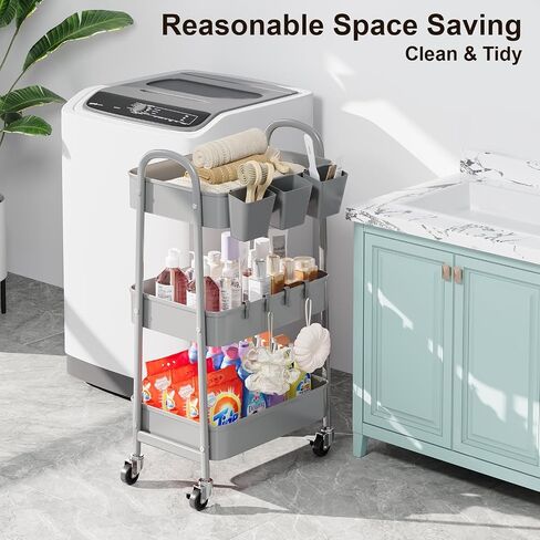 Pink 3 Tier Rolling Cart, Metal Bathroom Utility Cart on Wheels, Craft Storage Cart with Lockable Wheels and Handle, Rolling Carts with 3 Hanging Cups & 4 Hooks for Art, Snack, Book, Diaper in Saudi Arabia