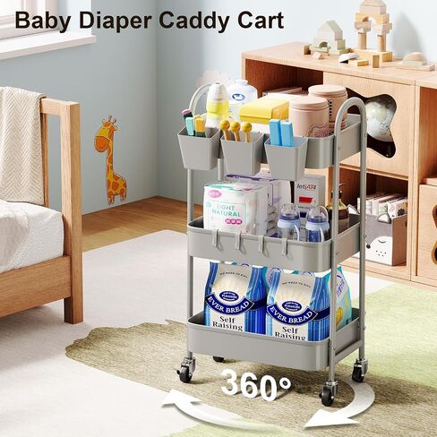 Pink 3 Tier Rolling Cart, Metal Bathroom Utility Cart on Wheels, Craft Storage Cart with Lockable Wheels and Handle, Rolling Carts with 3 Hanging Cups & 4 Hooks for Art, Snack, Book, Diaper in Saudi Arabia