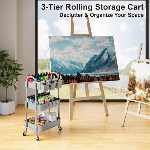 Pink 3 Tier Rolling Cart, Metal Bathroom Utility Cart on Wheels, Craft Storage Cart with Lockable Wheels and Handle, Rolling Carts with 3 Hanging Cups & 4 Hooks for Art, Snack, Book, Diaper in Saudi Arabia