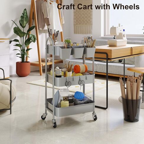 Pink 3 Tier Rolling Cart, Metal Bathroom Utility Cart on Wheels, Craft Storage Cart with Lockable Wheels and Handle, Rolling Carts with 3 Hanging Cups & 4 Hooks for Art, Snack, Book, Diaper in Saudi Arabia