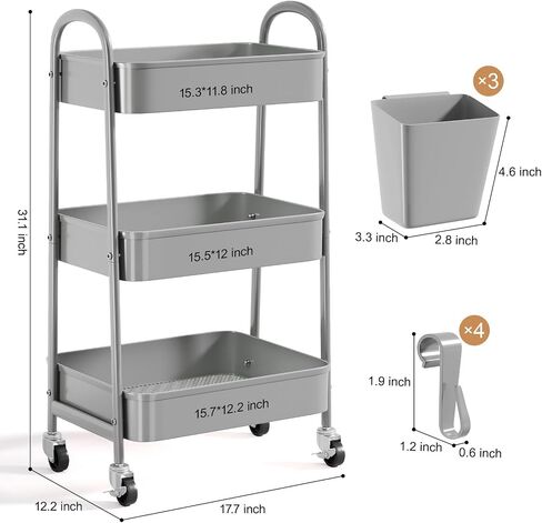 Pink 3 Tier Rolling Cart, Metal Bathroom Utility Cart on Wheels, Craft Storage Cart with Lockable Wheels and Handle, Rolling Carts with 3 Hanging Cups & 4 Hooks for Art, Snack, Book, Diaper in Saudi Arabia