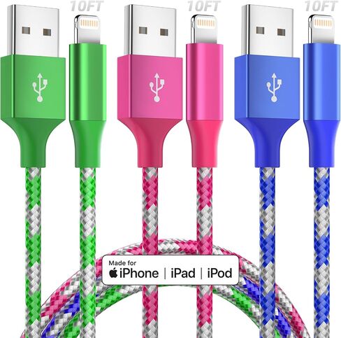 iPhone Charger Cord 3 Pack 10 FT Apple MFi Certified Lightning Cable Nylon Braided iPhone Charger Fast Charging Cable Compatible with iPhone 14 13 12 11 Pro Max XR XS X 8 7 6 Plus SE iPad and More in Kuwait
