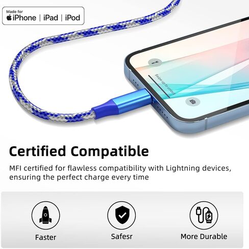 iPhone Charger Cord 3 Pack 10 FT Apple MFi Certified Lightning Cable Nylon Braided iPhone Charger Fast Charging Cable Compatible with iPhone 14 13 12 11 Pro Max XR XS X 8 7 6 Plus SE iPad and More in Kuwait