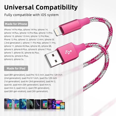 iPhone Charger Cord 3 Pack 10 FT Apple MFi Certified Lightning Cable Nylon Braided iPhone Charger Fast Charging Cable Compatible with iPhone 14 13 12 11 Pro Max XR XS X 8 7 6 Plus SE iPad and More in Kuwait