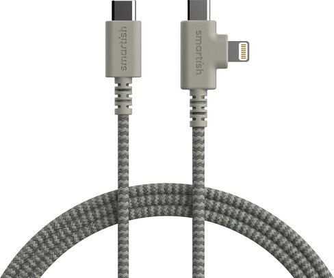 Smartish 2 in 1 USB C to USB C/Lightning Cable - Crown Joule - 6 Ft Fabric Wrapped Fast Charging Cord - for iPhone, Galaxy, Pixel - 100W Dual Fast Charger for Phones/Laptops - Lightly Toasted Beige in Kuwait
