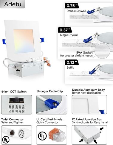 إضاءة LED مربعة مقاس 4 بوصات من Adetu، 6 عبوات 5CCT مصابيح سقف LED مربعة رفيعة جدًا مع صندوق توصيل، 10 وات 860LM، CRI90،2700K-5000K قابلة للتحديد، إضاءة سفلية قابلة للتعتيم بدون غطاء، ETL ونجمة الطاقة in Saudi Arabia