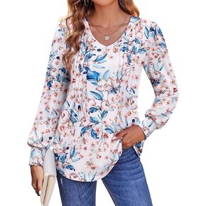Zeagoo Women'S Puff Long Sleeve Shirts Pleated V Neck Fall Tunic Tops Blouse Dressy Causal Loose Summer T-Shirts
