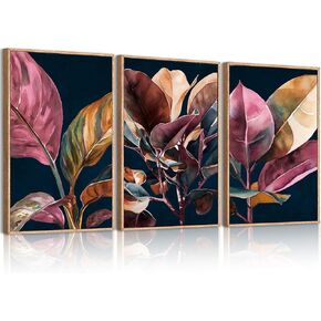 Anyzal Framed Dark Moody Botanical Canvas Wall Art 24 * 36 Inch Large Minimalist Watercolor Plant Leaves Wall Decor Black Realism Colorful Leaf Art Prints for Living Room Bedroom Office Set of 3
