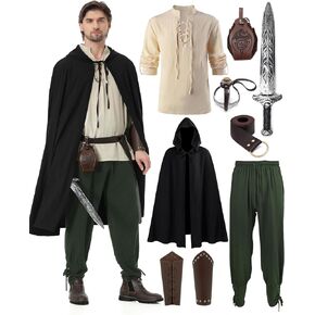 9Pcs Mens Renaissance Viking Costumes Set for Men Medieval Pirate Elf Hunter Ren Faire Costume Men Full Outfit