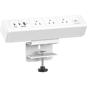 65W Fast Charging Station, Desk Clamp Power Strip with 2 PD USB-C Ports, 3 AC Outlets and 6ft Cord，Desk Mount Charging Station,6 Ft Extension Cord Desk Outlets for Home Office(White)