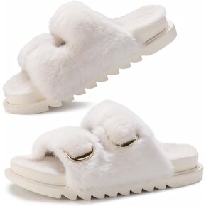 YOLIS Womens Slippers Faux Fur House Slippers for Women Slip on Open Toe Slippers with Arch Support Adjustable Buckles Fuzzy Slides Sandals for Women Non Slip Plantar Fasciitis Slippers Size 10 Pink