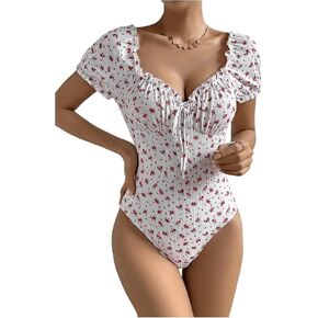 Milumia Women's Floral Puff Sleeve Bodysuits Tie Front Frill Trim Ribbed Summer Jumpsuit Romper Tops