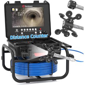 Sanyipace Sewer Camera with Distance Counter, 165FT/50M Semi-Rigid Cable, Pipe Inspection Camera with 12 PCS Lights, DVR with Audio Recorder, 9-Inch FHD Screen Video Inspection Camera for Plumbing