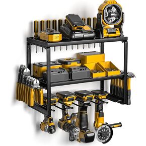 Power Tool Organizer Wall Mount, 15 Min Assembly & Maximum 100lb load by Heavy Duty Metal, 4/6/7/8 Drill Holder, 3 Layers Garage organization and Storage Rack, Tool Shelf With Battery Holder
