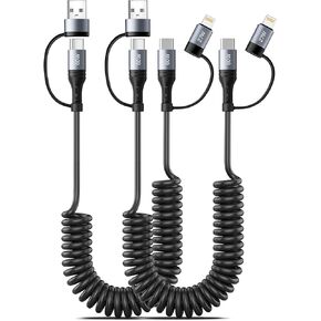Miger Coiled Lightning Cable 4 in 1 4FT Multi Charging Cable 60W Fast Charging Retractable Car Charger Cord for iPhone 15/14/13/12/11 Pro Max/XS MAX/XR/XS/X/8/7/6 Plus/iPad/AirPods/MacBook/CarPlay