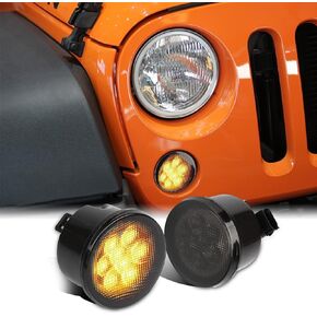 JK Turn Signal Lights White Ring Smoked Lens,LED Front Grill Indicator Parking Lights Compatible with 2007-2018 Jeep Wrangler JK & JK Unlimited (2PCS,White Ring/Amber