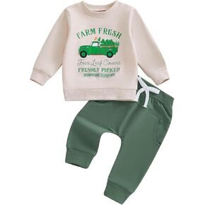 Kayotuas Toddler Baby Boy Farm Clothes Fall Outfits Tractor Print Long Sleeve Sweatshirt Tops and Pants 2 Piece Clothing Set