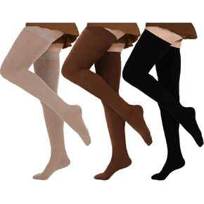 Thigh High Socks for Women Extra Long and Thick Over the Knee Cotton Boot Stockings Leg Warmer for Girls, 2 Pairs Beige + Black