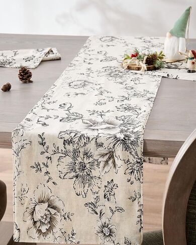 jinchan Floral Linen Table Runner for Kitchen Farmhouse Table Cloth with Black Flower Print 13 x 70 Inch Beige Linen Blend Cloth for Kitchen Dining Table Indoor Outdoor Decor 1 Panel in Saudi Arabia