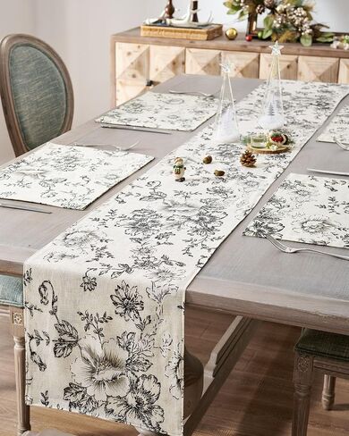 jinchan Floral Linen Table Runner for Kitchen Farmhouse Table Cloth with Black Flower Print 13 x 70 Inch Beige Linen Blend Cloth for Kitchen Dining Table Indoor Outdoor Decor 1 Panel in Saudi Arabia