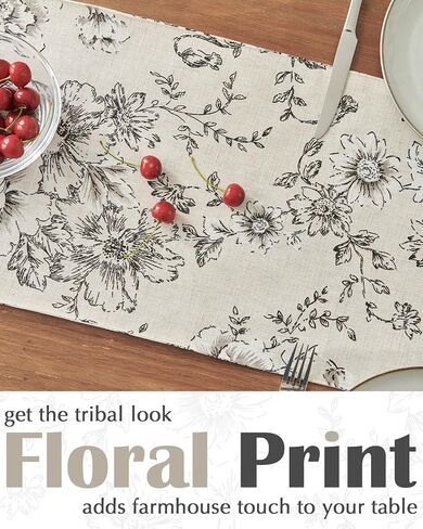 jinchan Floral Linen Table Runner for Kitchen Farmhouse Table Cloth with Black Flower Print 13 x 70 Inch Beige Linen Blend Cloth for Kitchen Dining Table Indoor Outdoor Decor 1 Panel in Saudi Arabia