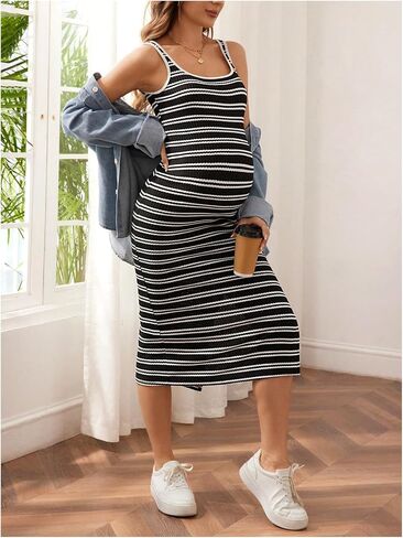 MakeMeChic Women's Maternity Tank Dress Striped Sleeveless Split Pregnancy Midi Dresses in Saudi Arabia