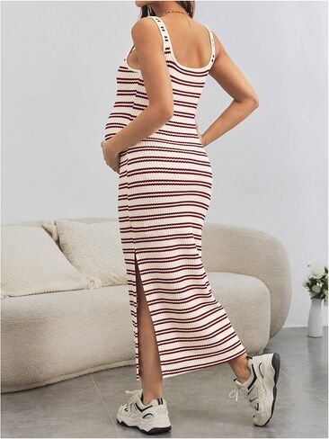 MakeMeChic Women's Maternity Tank Dress Striped Sleeveless Split Pregnancy Midi Dresses in Saudi Arabia