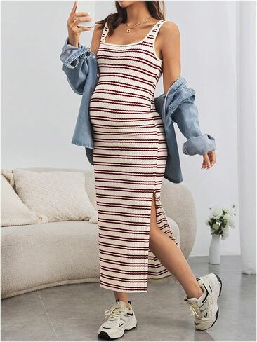 MakeMeChic Women's Maternity Tank Dress Striped Sleeveless Split Pregnancy Midi Dresses in Saudi Arabia