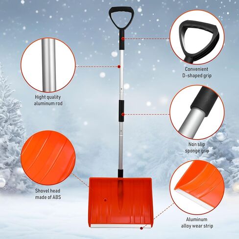 2 Pcs Snow Shovel for Driveway 16 Inch Wide Portable Collapsible Shovel Metal Large Capacity Heavy Duty Shovel with Aluminum D Grip Handle for Home Garage Car Ice Snow Removal(Red) in Kuwait