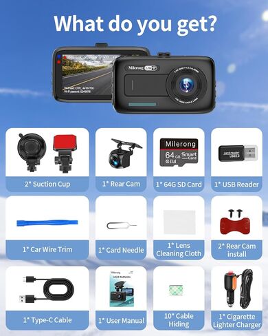 Milerong 2.5K 3 Channel Dash Cam WiFi، 1440P+1080P+1080P Dash Cam أمامية وخلفية من الداخل مع بطاقة 64 جيجابايت، كاميرا قياس 3.16 بوصة لتسجيل حلقة السيارات، مستشعر G، رؤية ليلية بالأشعة تحت الحمراء، وضع انتظار السيارات 24 ساعة in Kuwait