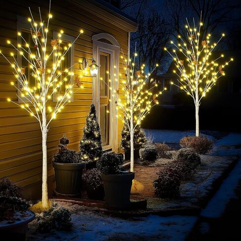 Lighted Birch Tree Set of 3, 3 Packs 4FT 5FT 6FT Christmas Birch Tree, Warm Lighted Christmas Tree with Decor Balls for Christmas Indoor Decorations, Yard Garden, Festival, Wedding in Saudi Arabia