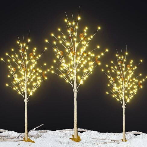 Lighted Birch Tree Set of 3, 3 Packs 4FT 5FT 6FT Christmas Birch Tree, Warm Lighted Christmas Tree with Decor Balls for Christmas Indoor Decorations, Yard Garden, Festival, Wedding in Saudi Arabia