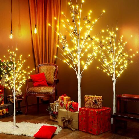 Lighted Birch Tree Set of 3, 3 Packs 4FT 5FT 6FT Christmas Birch Tree, Warm Lighted Christmas Tree with Decor Balls for Christmas Indoor Decorations, Yard Garden, Festival, Wedding in Saudi Arabia