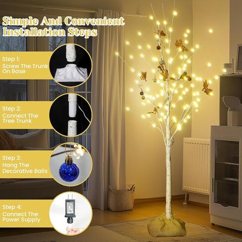 Lighted Birch Tree Set of 3, 3 Packs 4FT 5FT 6FT Christmas Birch Tree, Warm Lighted Christmas Tree with Decor Balls for Christmas Indoor Decorations, Yard Garden, Festival, Wedding in Saudi Arabia